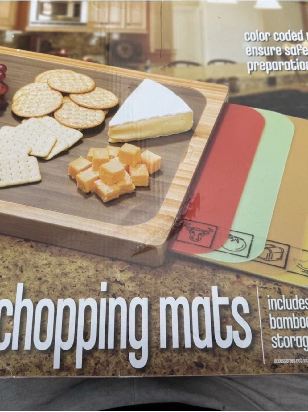 Seville Classics Bamboo Cutting Board with 7 Color Coded Flexible Cutting Mats